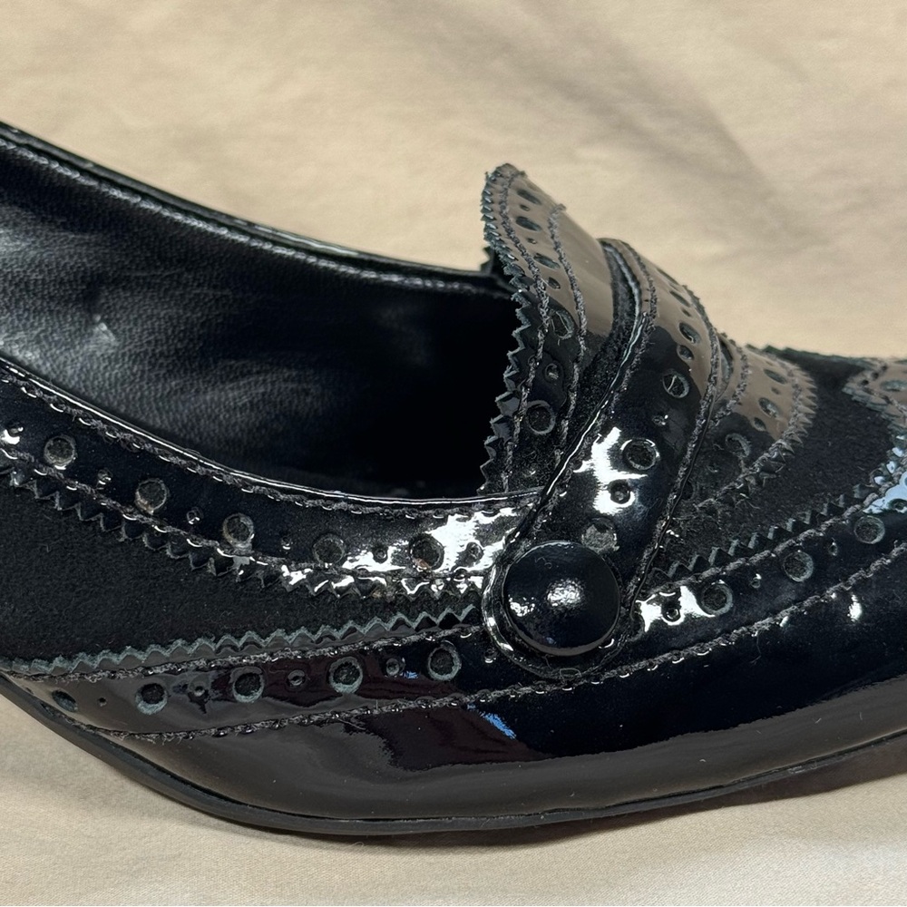 Franco Sarto Black Patent Leather and Suede Mary Jane Heels w/ intricate details - Picture 4 of 16